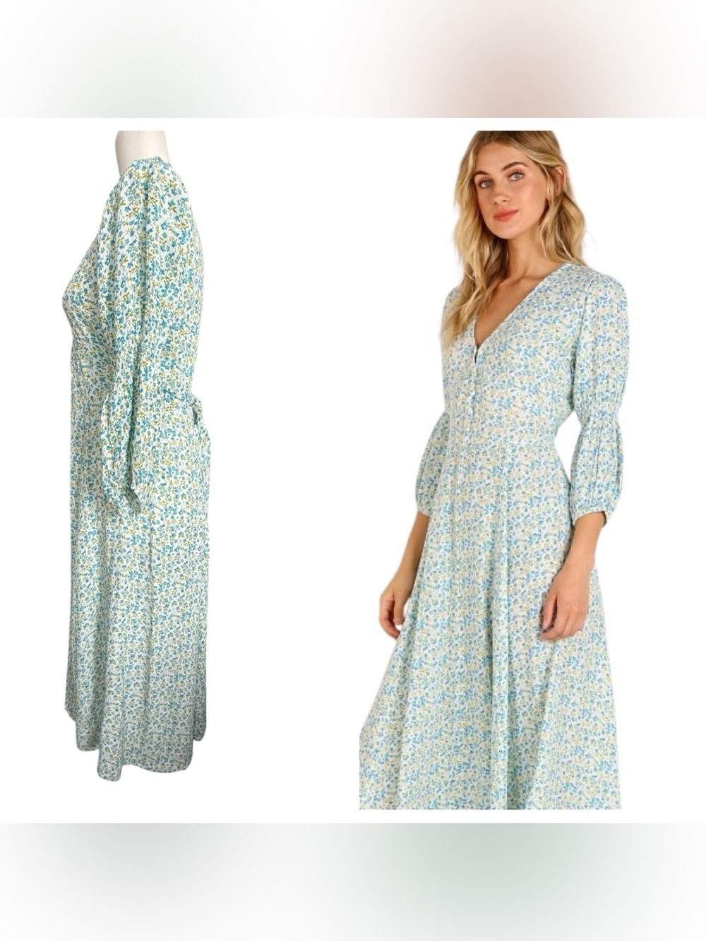Faithfull The Brand Maud Midi Dress Tilde Floral Print Blue White Rayon Size 6 M - Picture 2 of 16